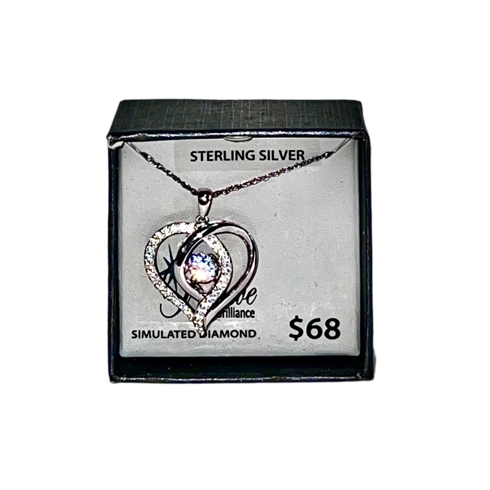 Sterling Silver .925 Necklace W/Simulated Diamond Heart Pendant Sterling